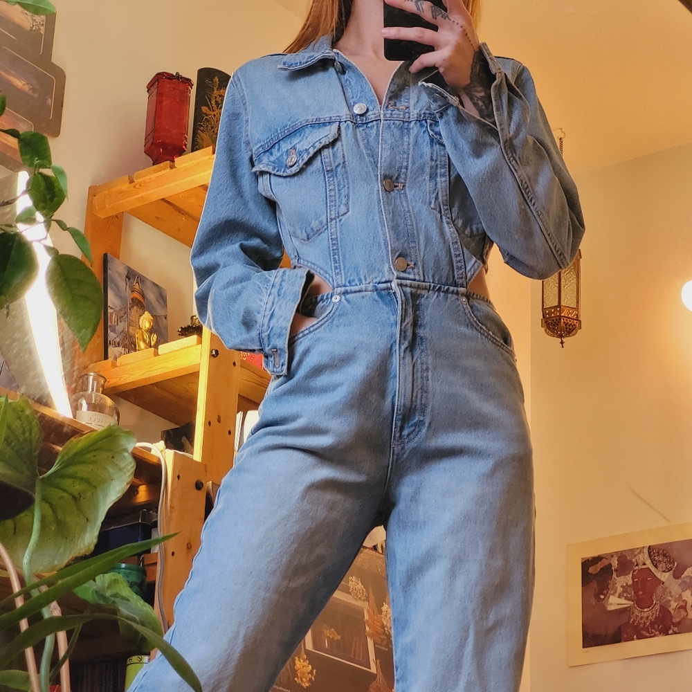 Bloggers Fav Zara Limited Edition Cut Out Side Distressed Denim Jumpsuit - S - Picture 2 of 11